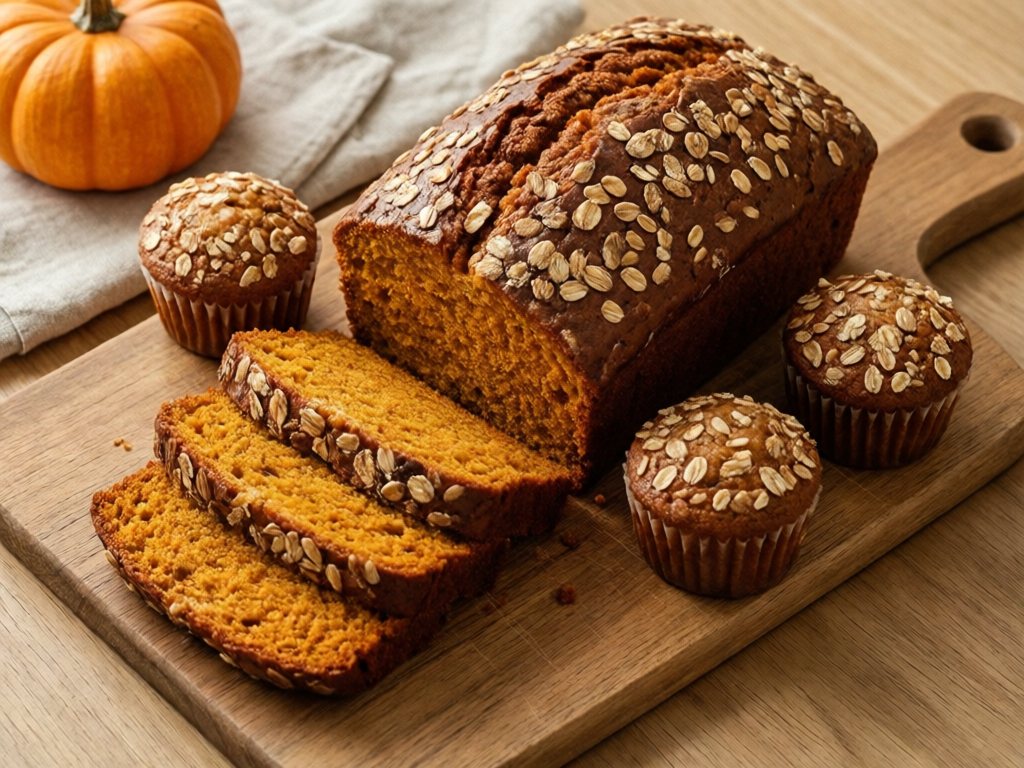 Sliced pumpkin loaf topped with oats beside two small pumpkin muffins on a cutting board