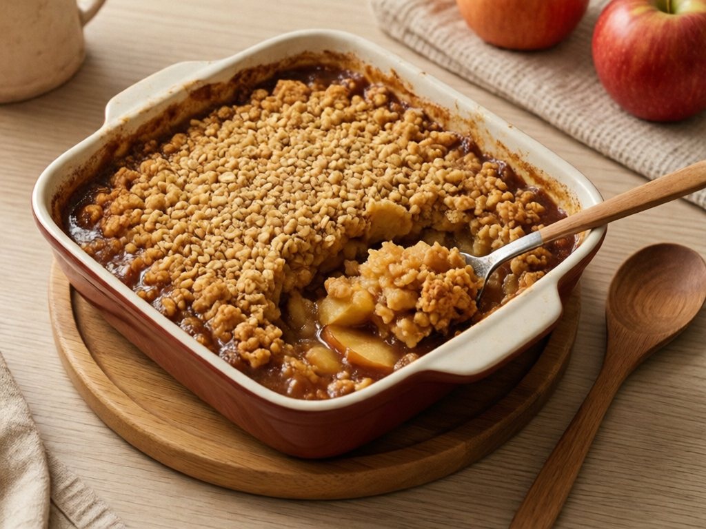 Golden apple crisp in a square dish with a scoop removed to show soft apple slices