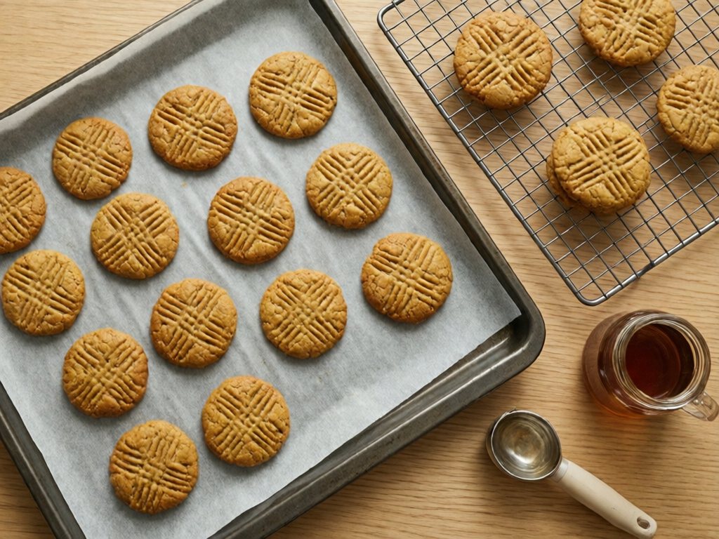 Golden fork-pressed maple oat cookies on parchment with a cookie scoop and maple syrup