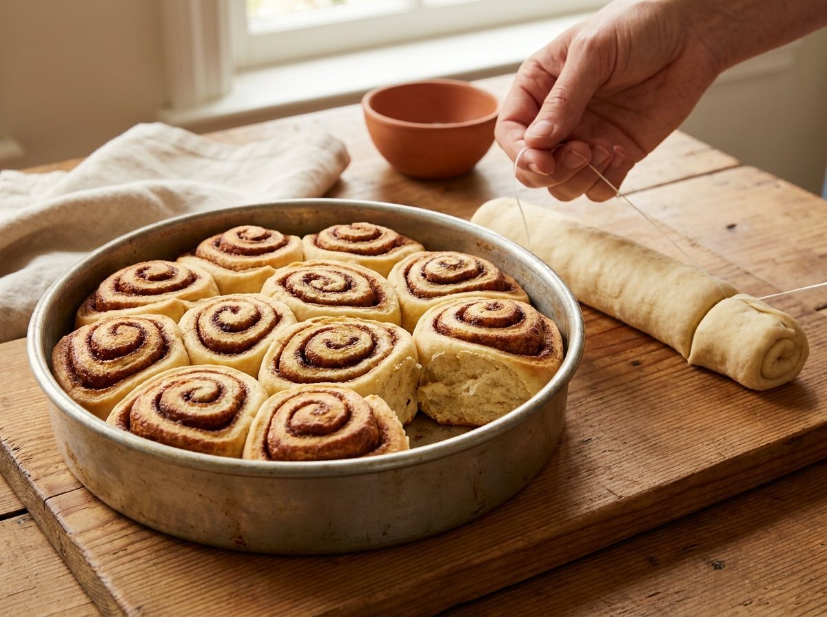Golden cinnamon swirl biscuits in a round pan with spirals visible, one pulled away