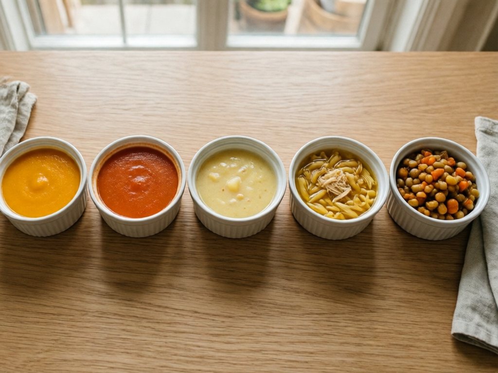 Five small white ramekins of fall soup arranged from smooth orange purée to chunky minestrone