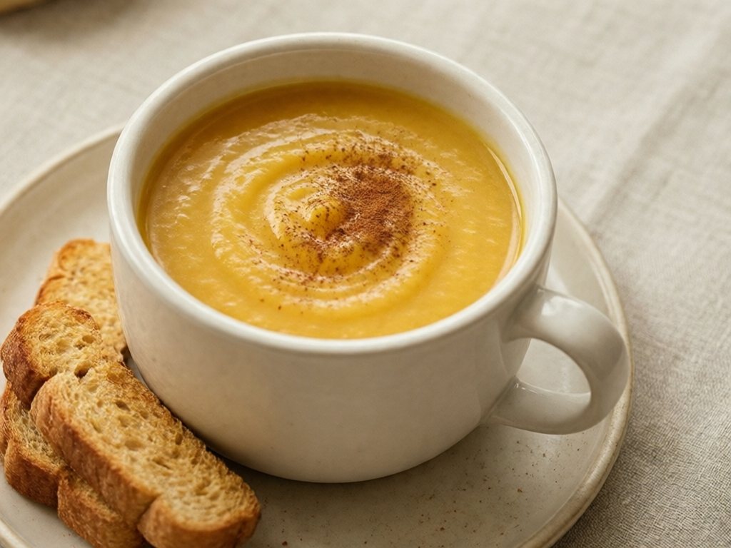 Small mug of smooth orange butternut apple soup with toast fingers on a plate beside it
