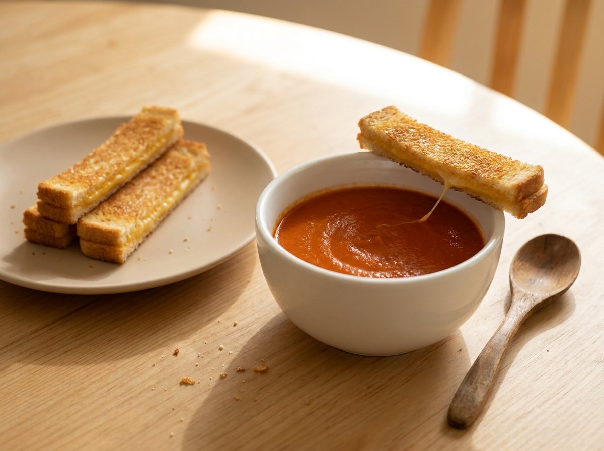 Smooth roasted tomato soup in a small bowl with narrow grilled cheese fingers for dipping
