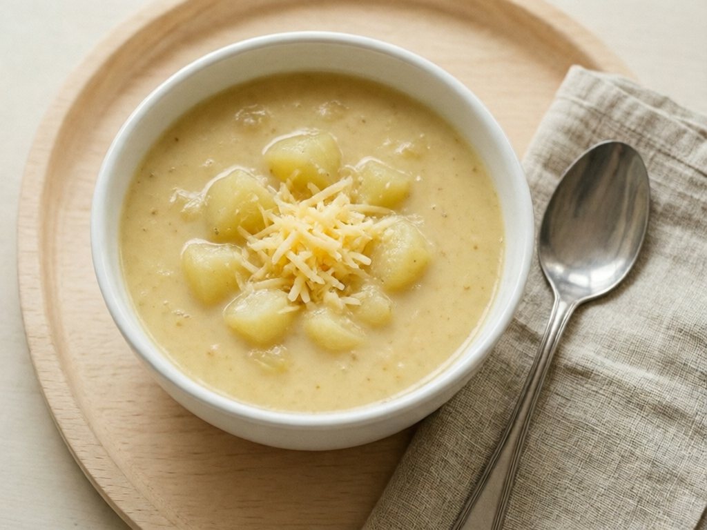 Creamy cheddar potato soup with small soft potato bits and melted cheese in a white bowl