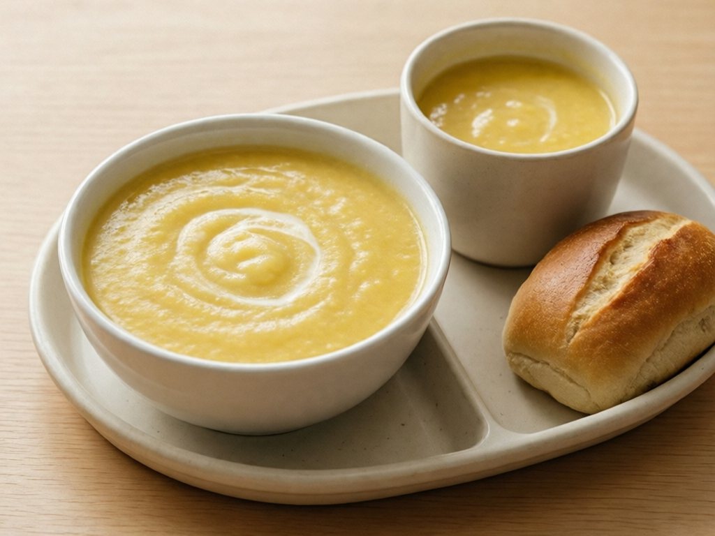 Smooth golden corn chowder in a small white bowl with a soft roll alongside