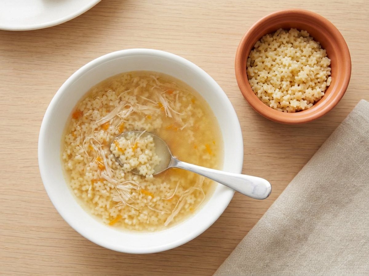 Golden chicken broth with tiny star pasta and finely shredded chicken, extra pasta in a ramekin beside it