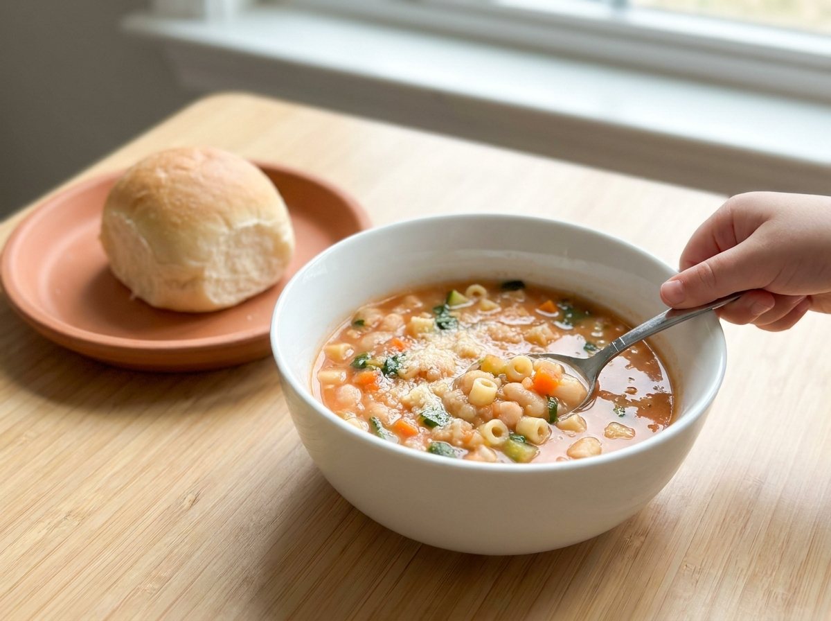 Small bowl of mild minestrone with tiny diced vegetables, white beans and ditalini pasta