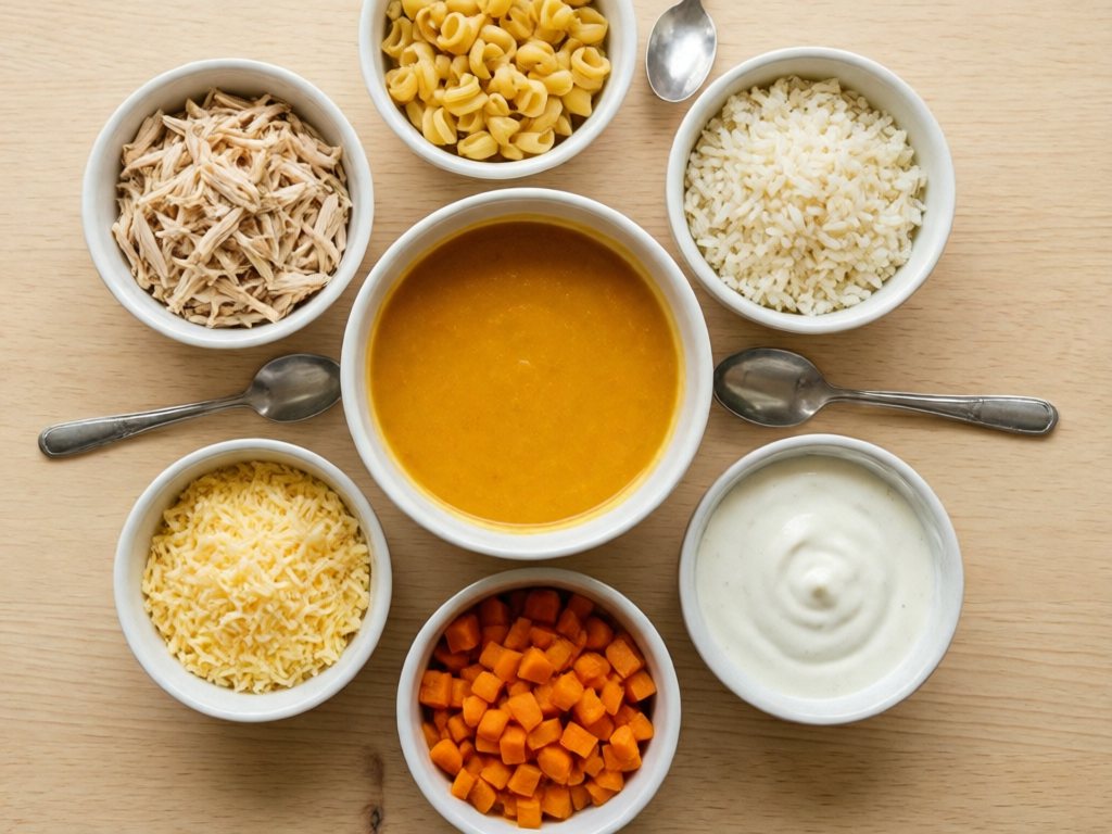 Smooth orange soup surrounded by small bowls of shredded chicken, tiny pasta, rice, cheese and soft vegetables
