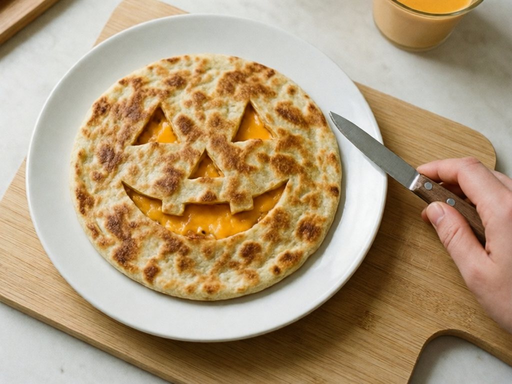 Toasted cheddar quesadilla cut into a jack-o'-lantern face on a white plate