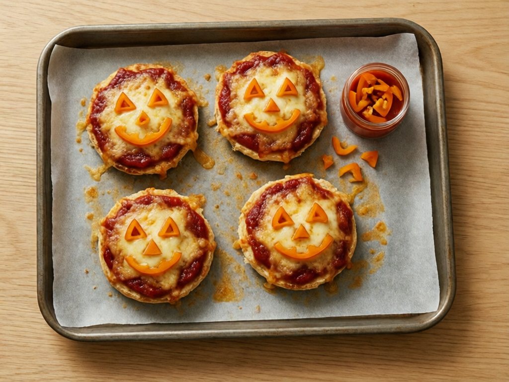 English muffin mini pizzas with pepper jack-o'-lantern faces on a baking tray