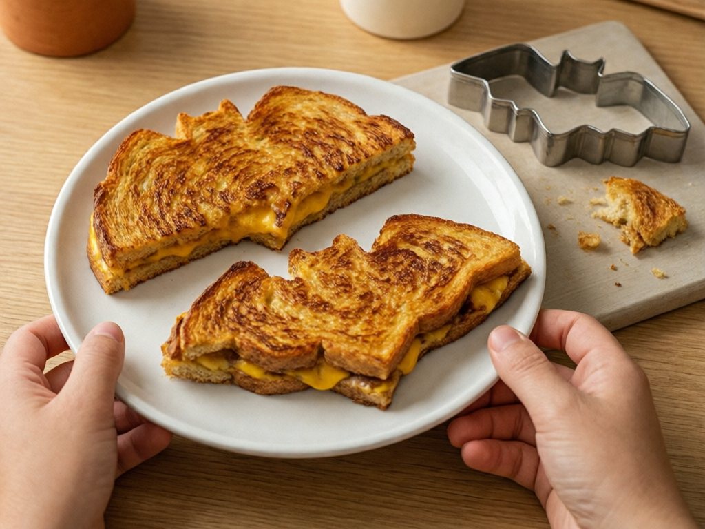 Bat-shaped grilled cheese sandwiches on a plate beside a bat cookie cutter