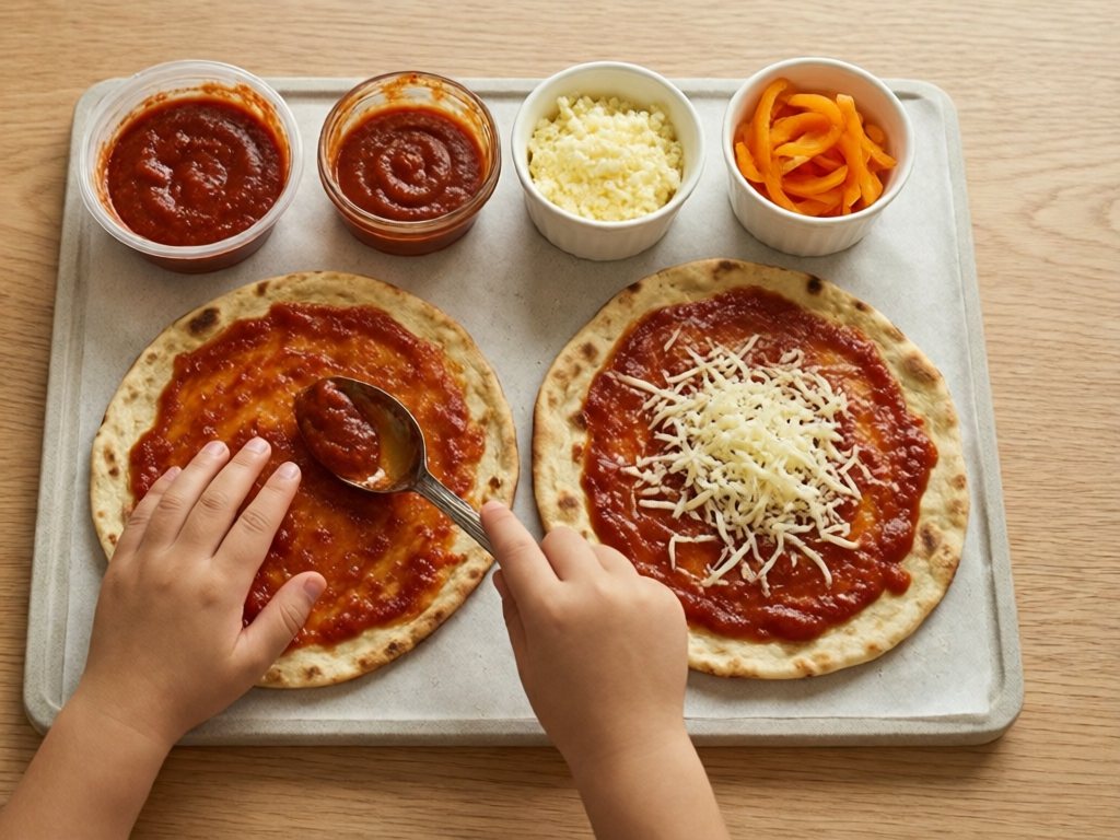 Child's hands building a personal naan pizza from small cups of sauce, cheese and pepper pieces