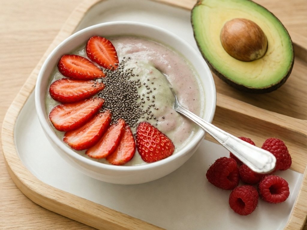 Thick green-pink smoothie bowl topped with sliced strawberries and chia seeds beside half an avocado