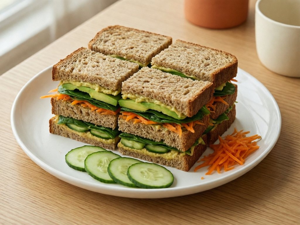 Whole wheat sandwich cut in squares showing hummus, avocado, spinach, shredded carrot and cucumber layers
