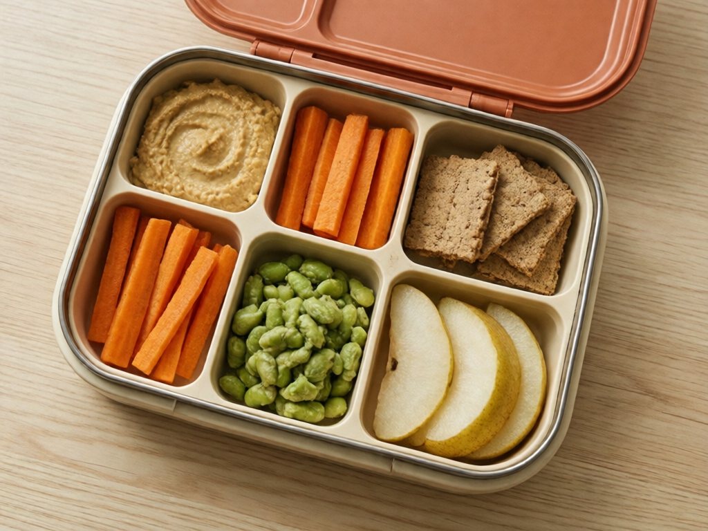 Open lunchbox with hummus, steamed carrot sticks, whole wheat crackers, smashed edamame and soft pear slices