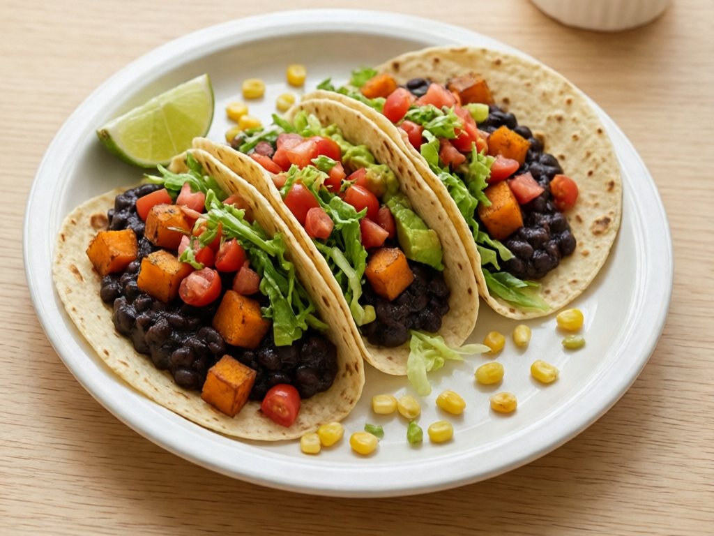 Three small corn tacos with mashed black beans, sweet potato, chopped tomato, lettuce and avocado