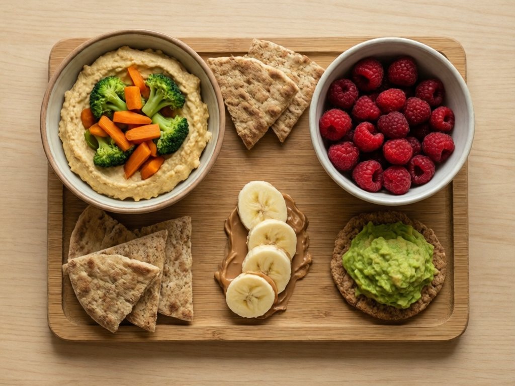 Snack board with hummus and steamed veggies, raspberries, banana with almond butter, and avocado crackers