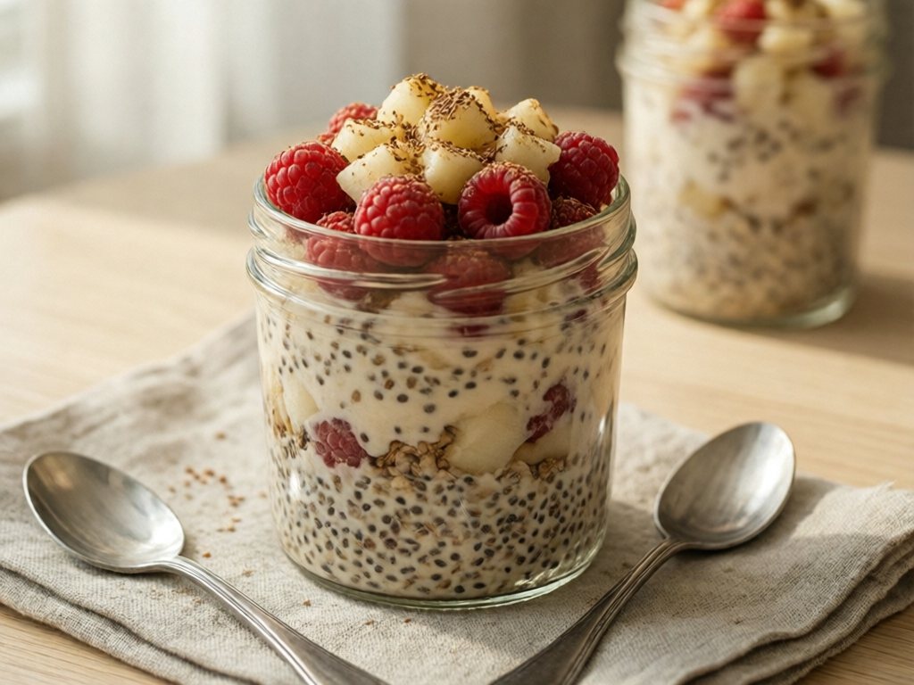Jar of overnight oats topped with raspberries, diced pear and ground flaxseed