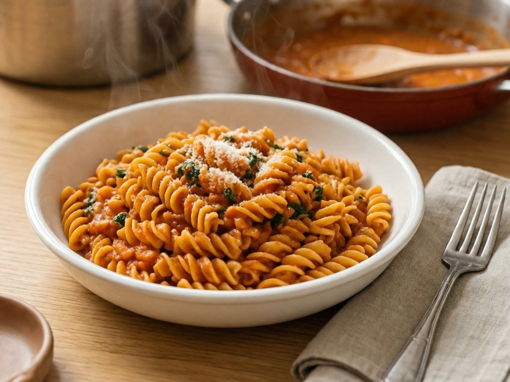 Bowl of whole wheat pasta in creamy marinara with grated carrot and spinach flecks
