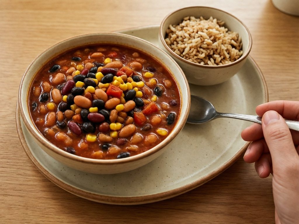 Bowl of turkey three-bean chili with corn beside a bowl of brown rice