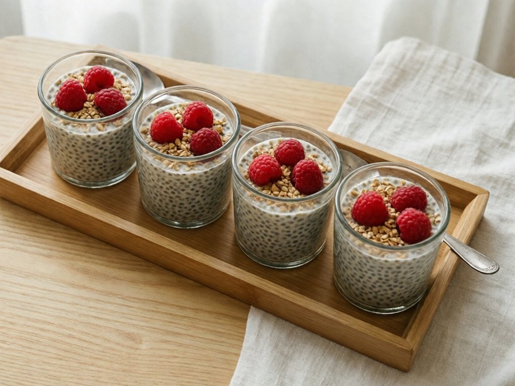 Four glass cups of chia pudding topped with raspberries and a sprinkle of granola, which is for ages 5+