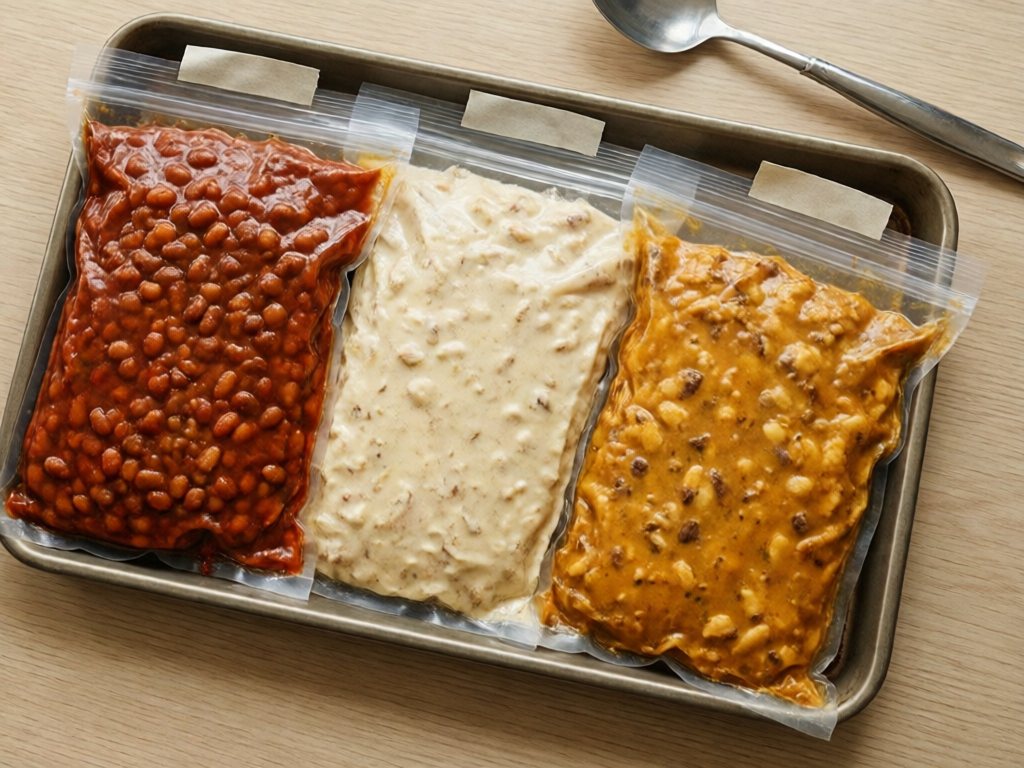 Flat freezer bags of beef chili, white chicken chili and beef barley stew on a baking sheet