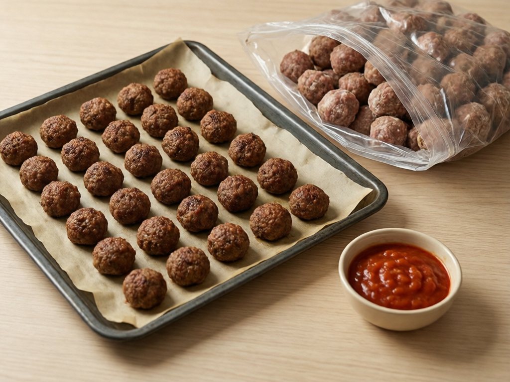 Rows of baked meatballs on a parchment-lined tray next to a freezer bag of frozen meatballs