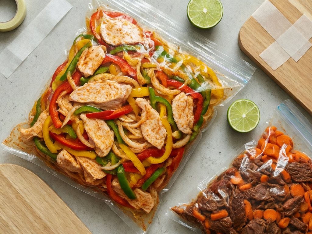 Flat freezer bag of raw sliced chicken, bell peppers and onion with fajita seasoning
