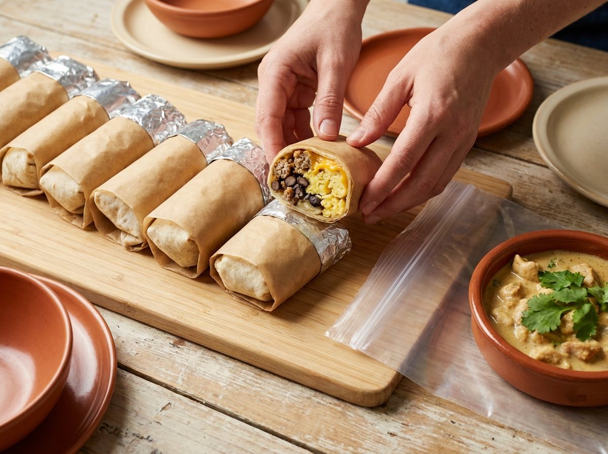 Wrapped breakfast burritos, one cut open to show egg, black beans and cheese, beside a bowl of chicken curry