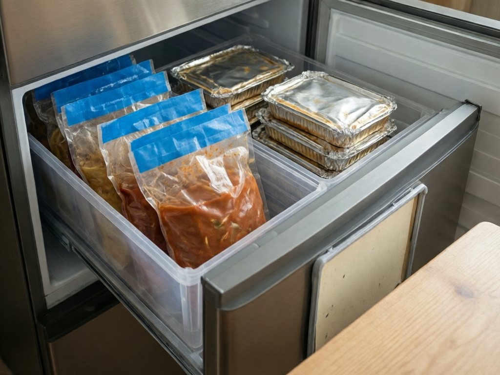 Freezer bins with flat-frozen bags standing upright like files and casseroles stacked beside them