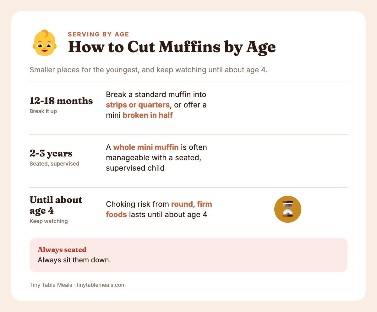 Info card showing how to serve muffins to toddlers at 12 to 18 months, 2 to 3 years, and until age 4
