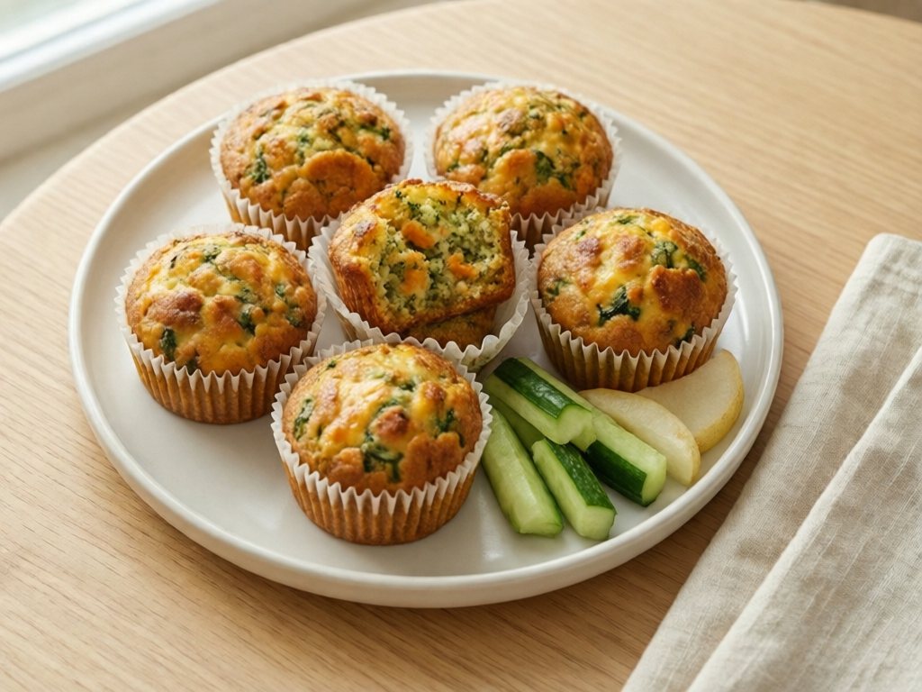 Plate of golden savory mini muffins, one broken open to show carrot, zucchini and cheddar
