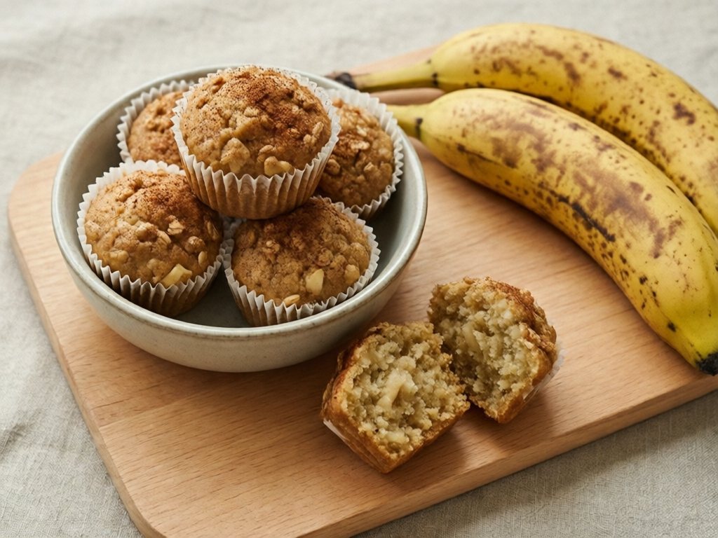 Banana-apple-oat mini muffins in a bowl with one split open beside spotted ripe bananas