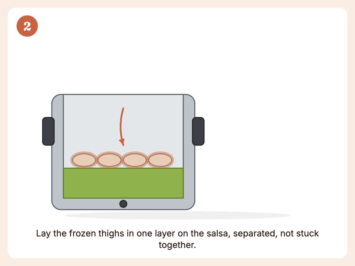 Step 2: Add 2 lbs frozen boneless chicken thighs in a single layer, pieces not fused