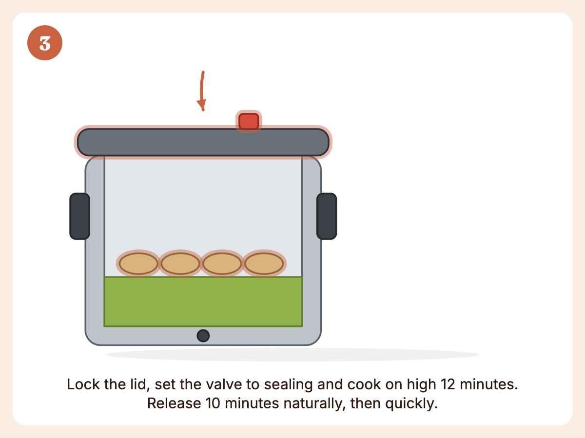 Step 3: Lock the lid and pressure cook on high 12 minutes, then 10 minutes natural release and quick release