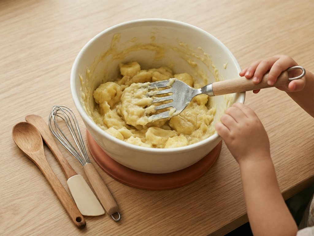 Mixing bowl of mashed banana with masher, wooden spoon, silicone spatula and small whisk on a counter