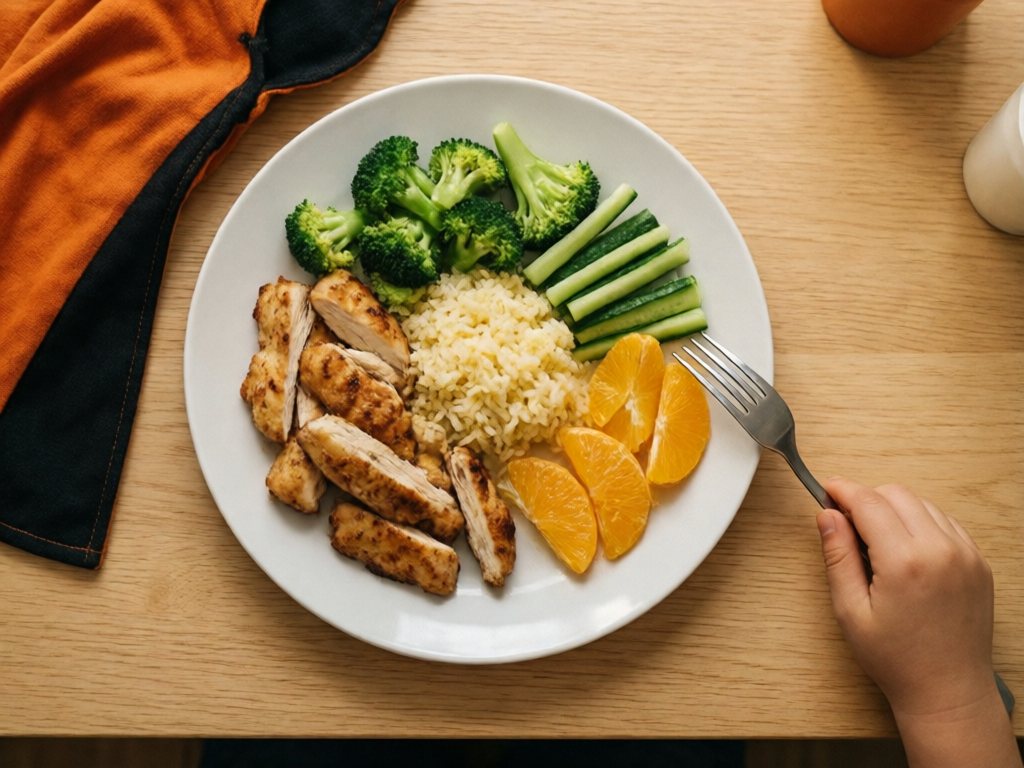Overhead view of a kid's dinner plate with chicken, rice, broccoli, cucumber and orange segments