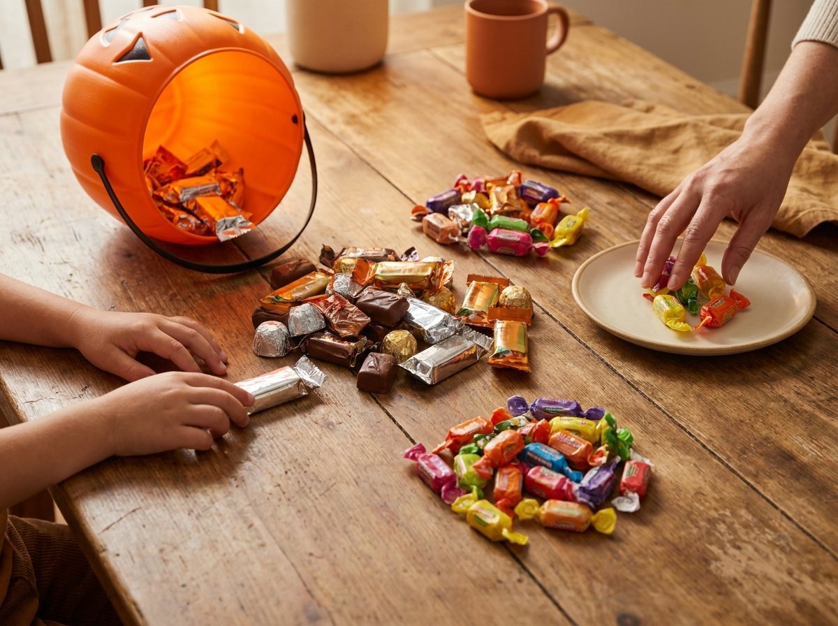 Child and adult hands sorting wrapped Halloween candy into groups on a wooden table