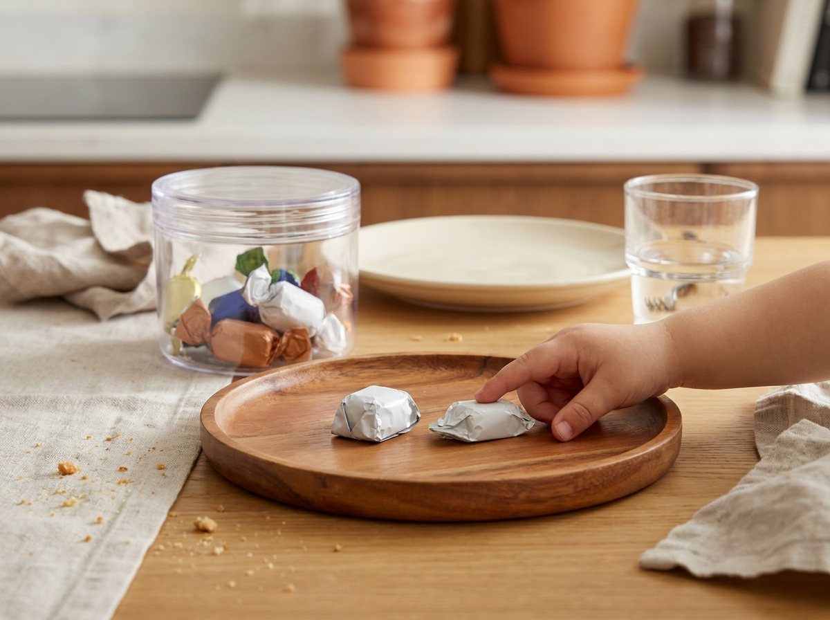 Small wooden tray with two wrapped chocolates beside a closed candy container and a glass of water