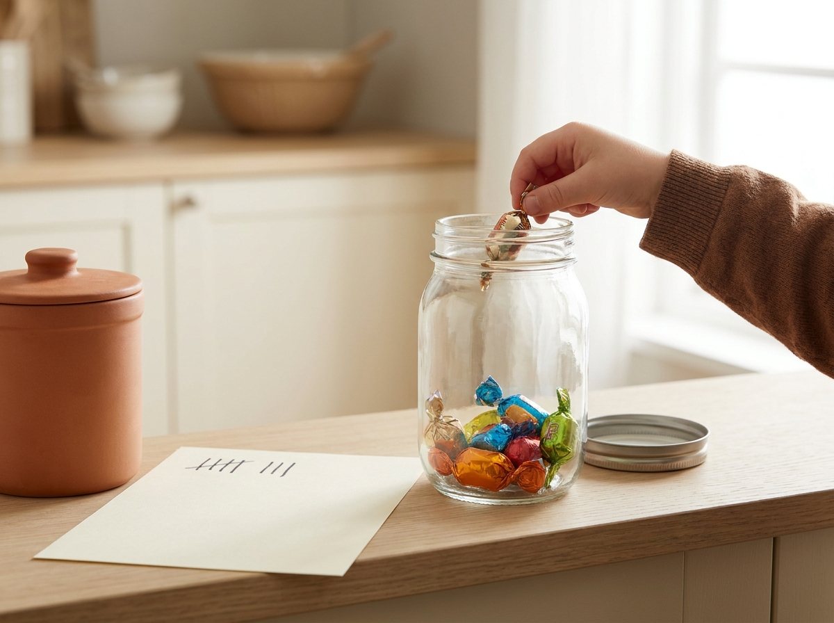 Child's hand dropping a wrapped chocolate into a clear glass jar of saved candy on a kitchen counter