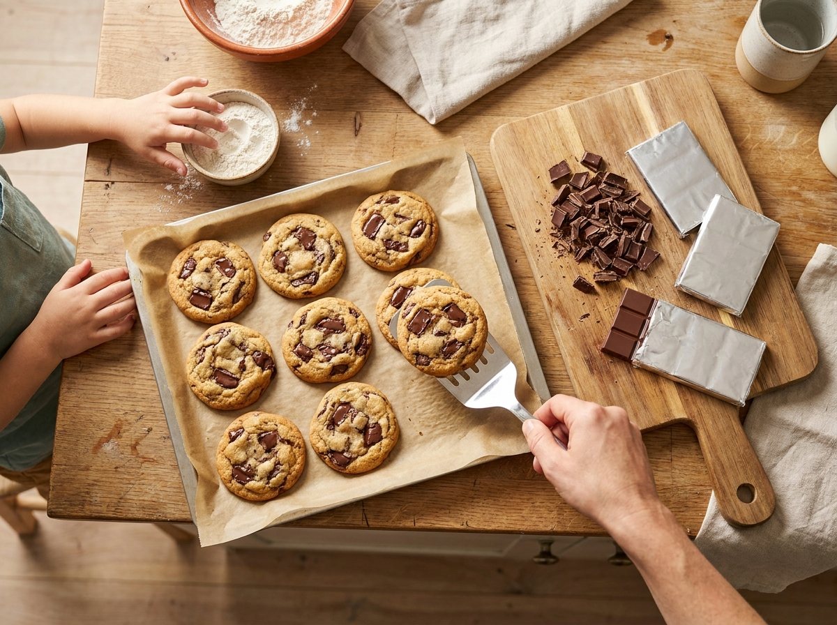 Chocolate chunk cookies on a baking sheet beside a cutting board of chopped chocolate bars