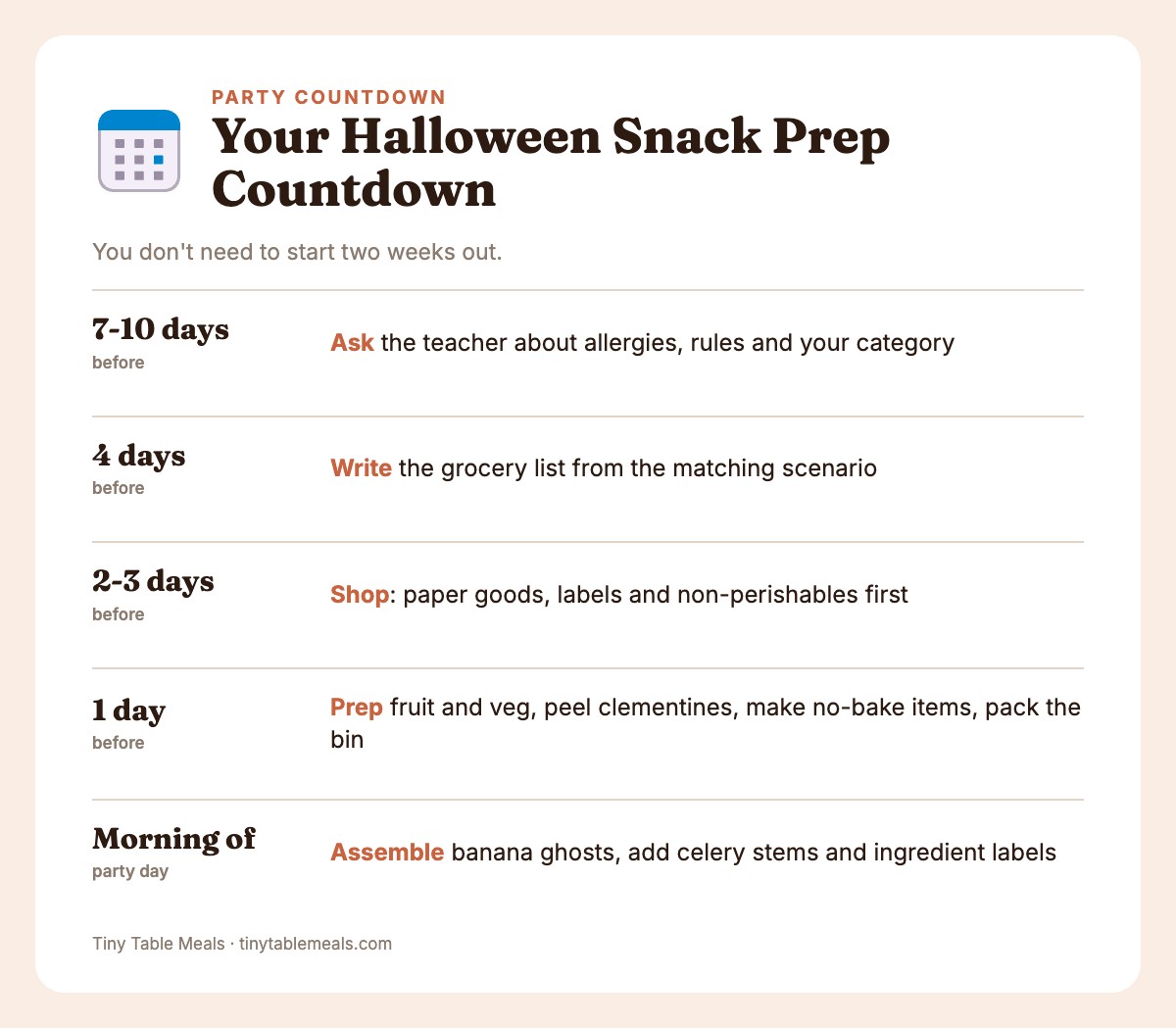 Countdown timeline from 7-10 days before a classroom Halloween party to the morning of