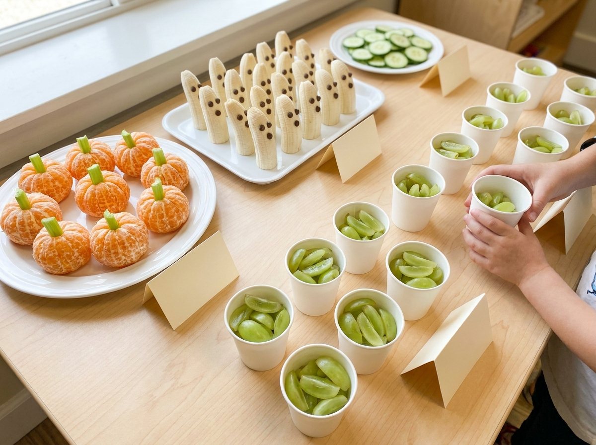 Classroom Halloween snack table with clementine pumpkins with celery-stem tops, banana ghosts, lengthwise-quartered grapes and cucumber slices