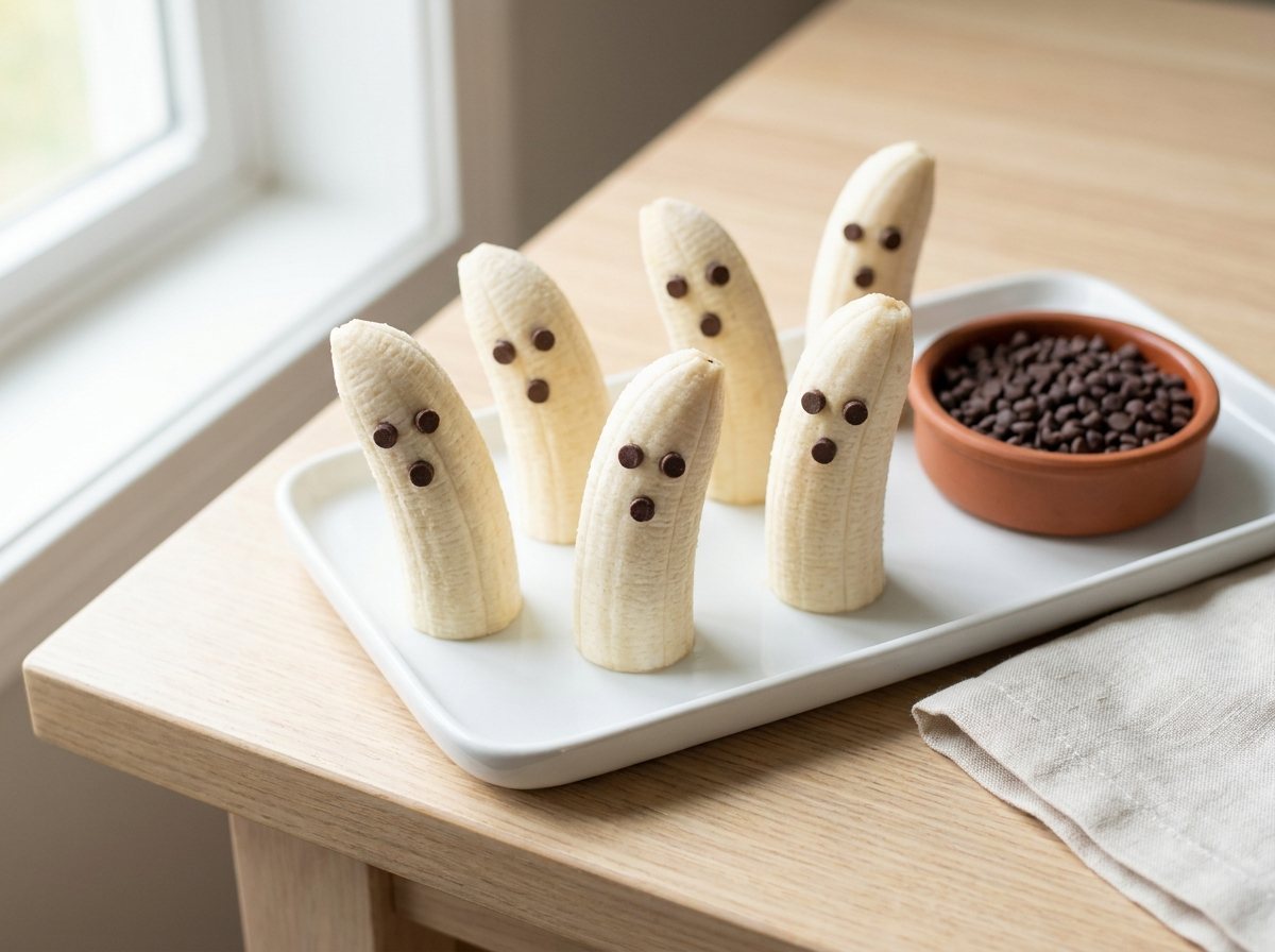 Upright banana halves decorated as ghosts with mini chocolate chip faces on a white tray