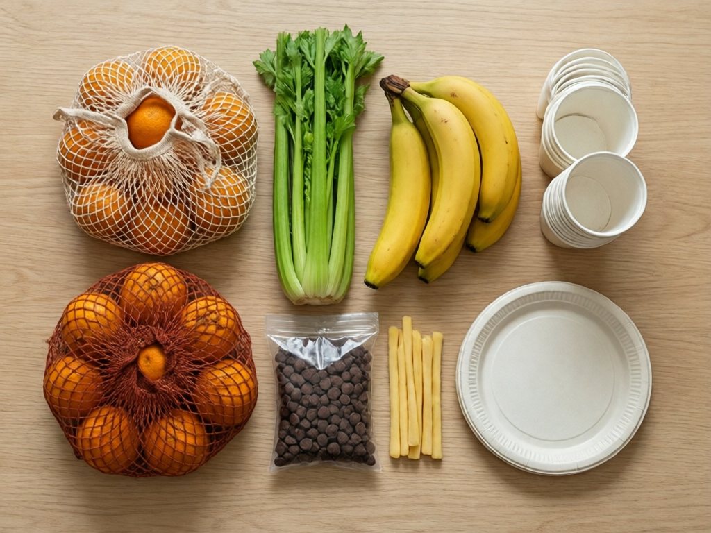 Flat lay of clementines, celery, bananas, chocolate chips, cheese sticks and paper goods