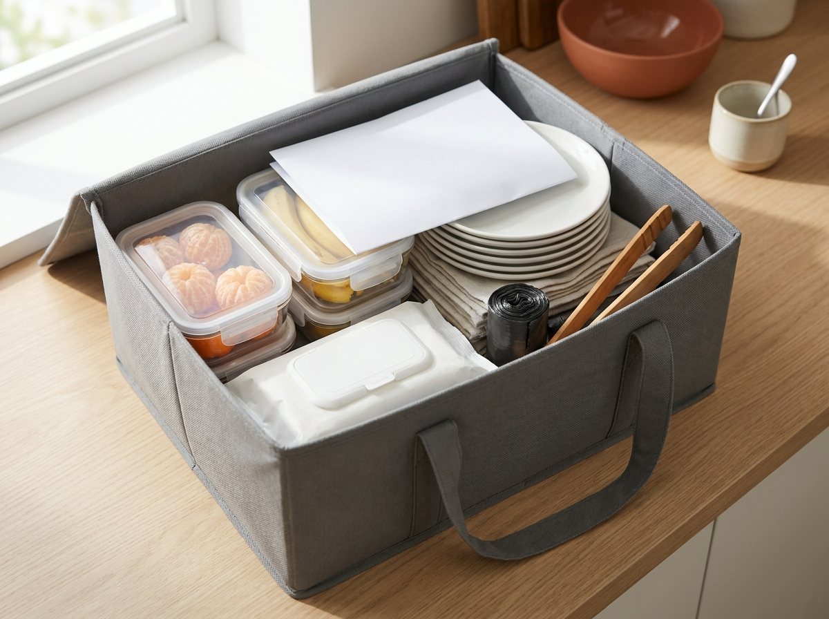 Open reusable bin packed with snack containers, plates, napkins, wipes and tongs