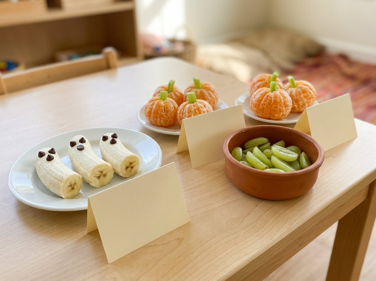 Snack dishes on a table each with a small folded card standing in front