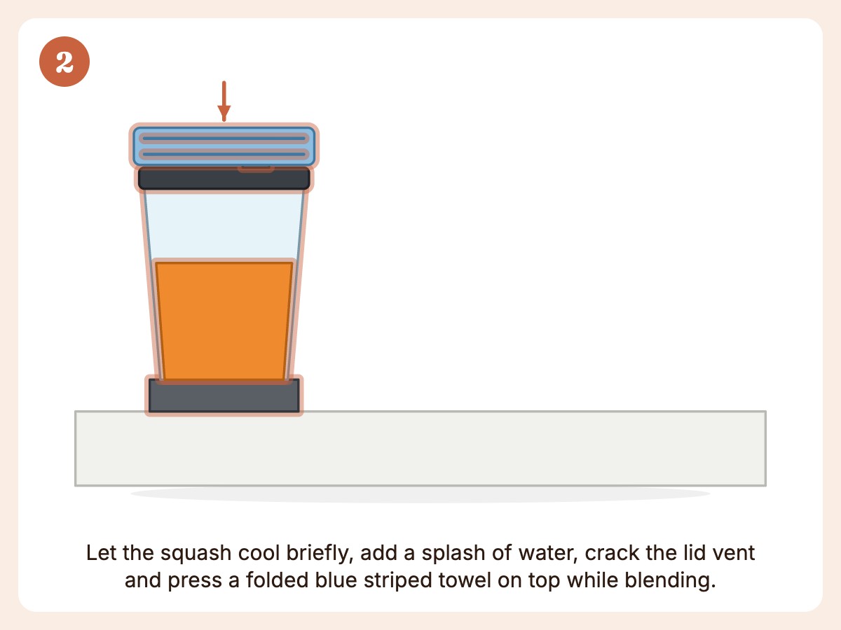Step 2: Cool a few minutes, then blend with a little water until smooth, venting the lid and holding a towel over it
