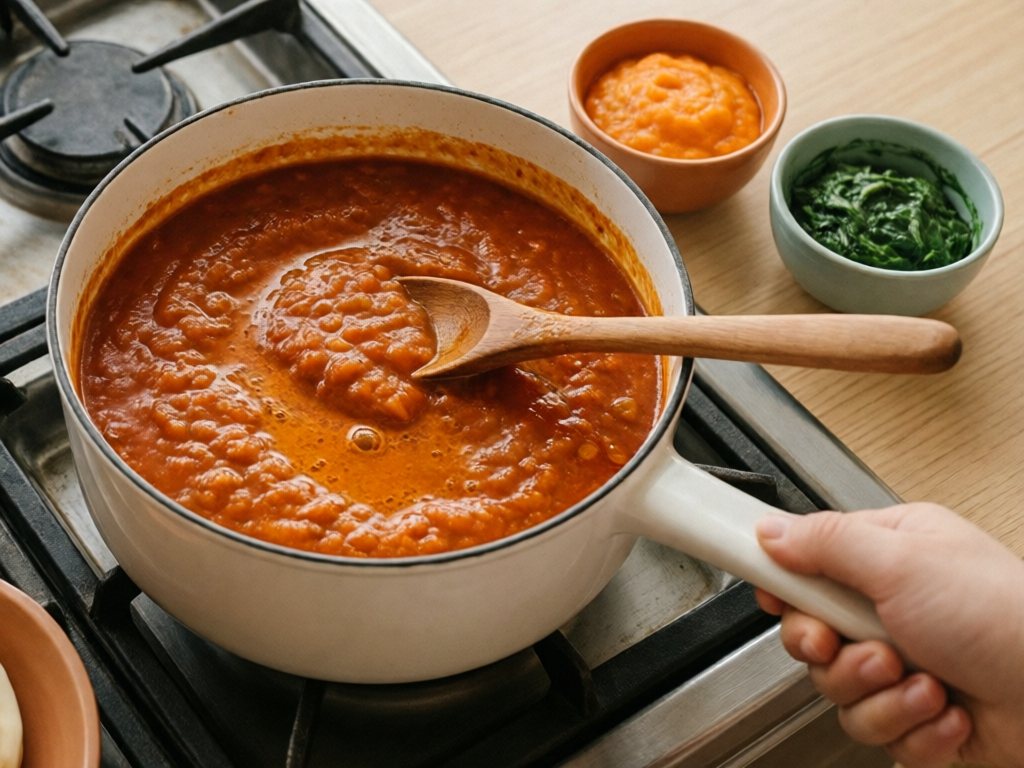 Pot of smooth red marinara sauce with bowls of carrot and spinach puree beside it