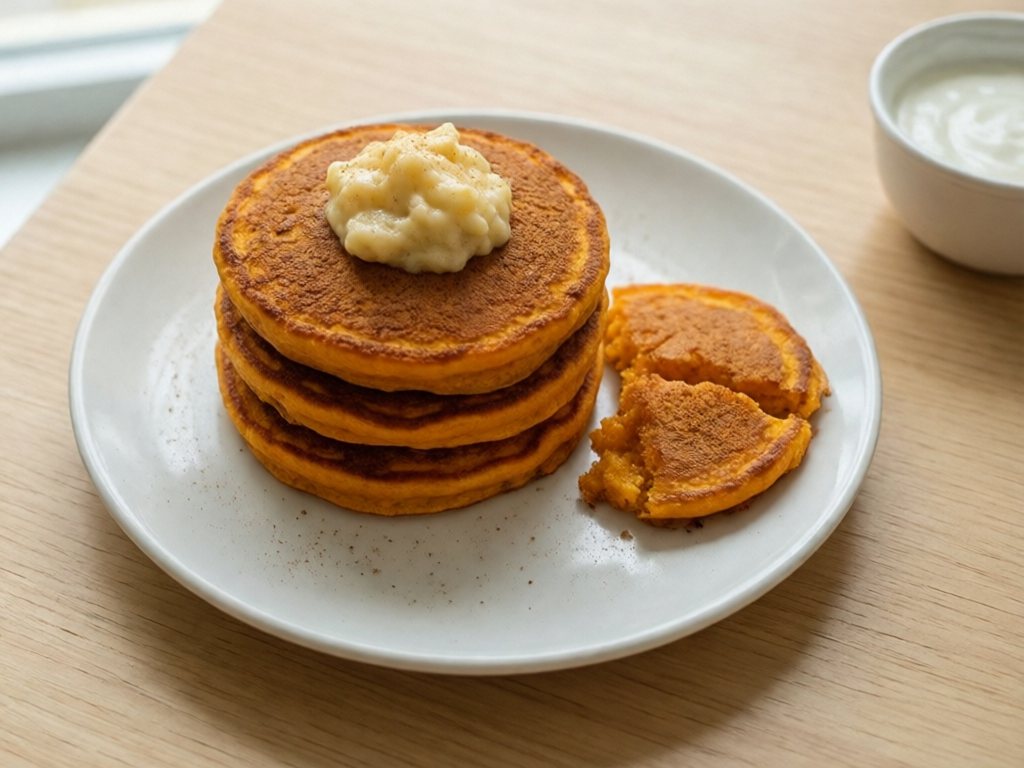 Stack of small orange pumpkin pancakes topped with mashed banana on a white plate